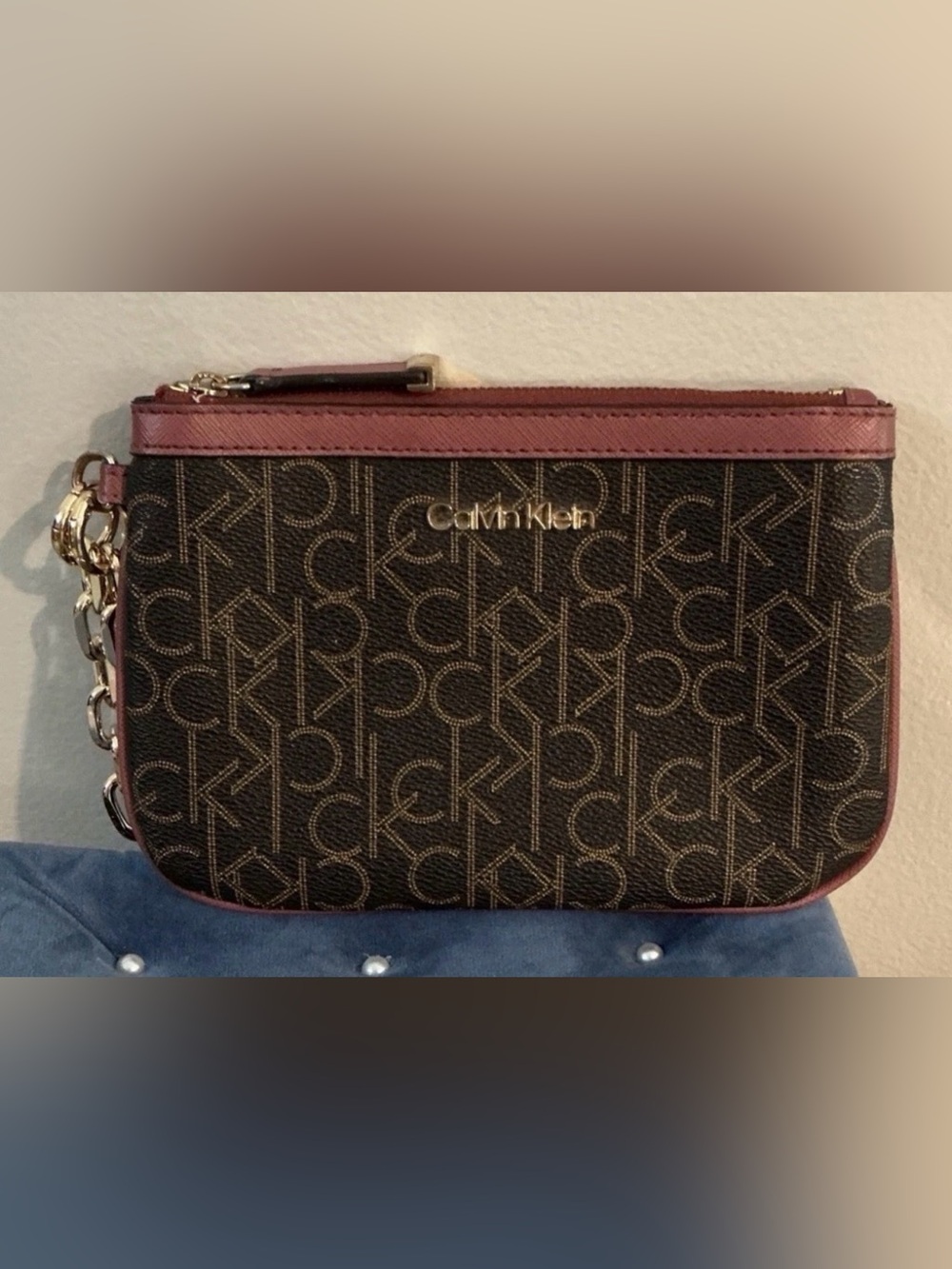 Calvin Klein Brown Faux Leather Monogram Wristlet Pouch with Burgundy Trim 8x5.5